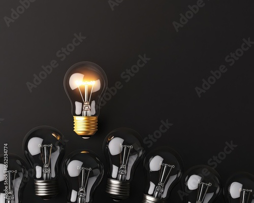 A glowing light bulb stands out among several unlit bulbs against a dark background, symbolizing innovation and unique ideas.