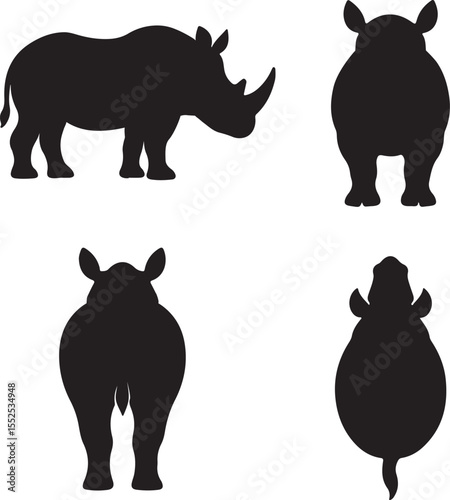 Rhinoceros silhouette of icons set side, front, back, and top views vector art illustration