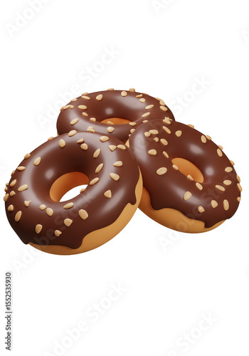 Three 3D Chocolate Donuts with Sprinkles Stacked on Transparent Background