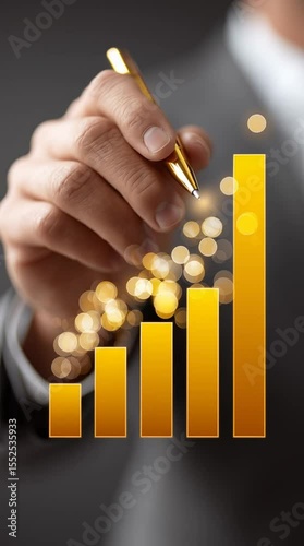 Golden bar chart glowing bokeh effect represents marketing strategy growth stock market success progress hand holding pen drawing upward trend marketing strategy concept showing achievement financial