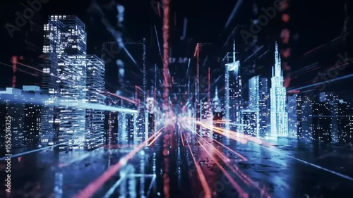 Futuristic city skyline illuminated by neon lights with digital data streams and reflections at night