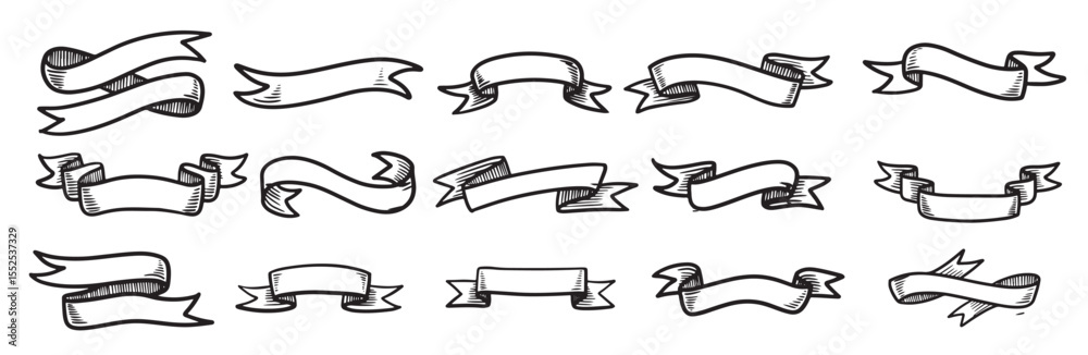 doodle ribbon banner illustrations isolated white background hand drawn vector illustration.