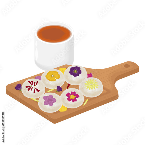 Vector Illustration Logo Clipart Korean Traditional Sweet Rice cake Hwajeon kkot darim on a Wooden Plate 