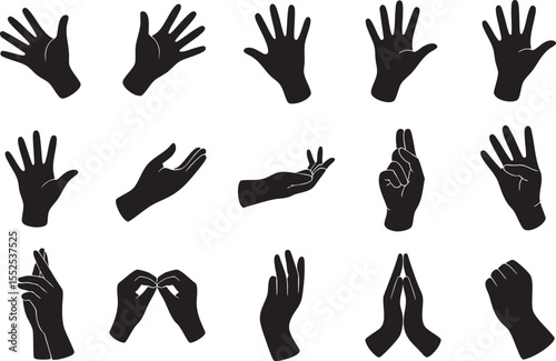 Hand Silhouettes Collection Vector Illustration: A Diverse Set of Hand Gestures and Poses for Your Designs on a Black Background, Perfect for Adding a Human Touch
