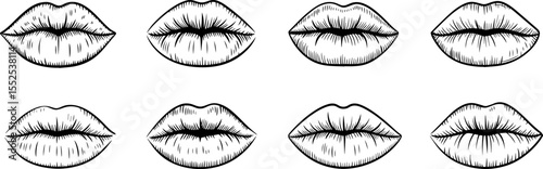 Set of detailed lips line drawing vector illustration, outline