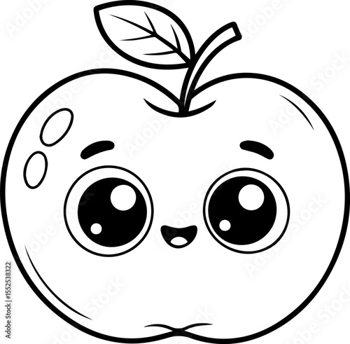 cute apple cartoon line drawing with face outline vector illustration