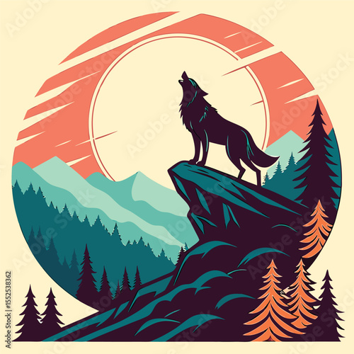 A stylized illustration of a howling wolf on a mountain cliff within a serene natural landscape setting.
