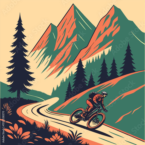 A stylized mountain biker rides down a winding trail amidst towering mountains and lush evergreen forests.