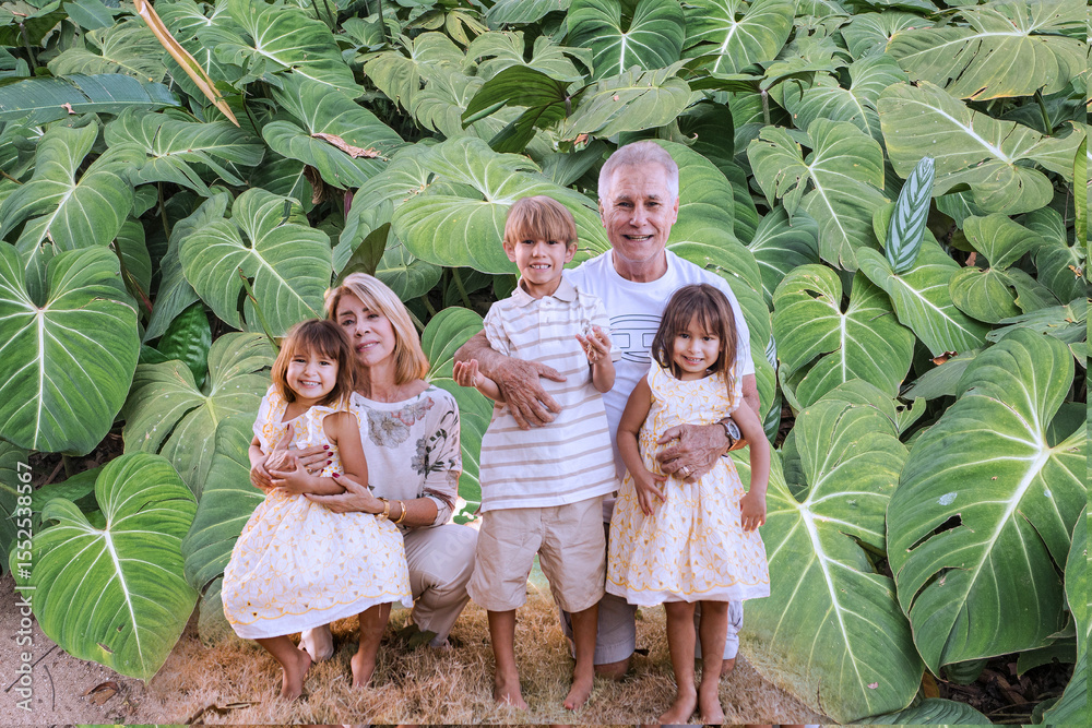 Fototapeta premium Grandfather, grandmother, and grandchildren enjoying a moment of joy and relaxation as they pose for a photograph. Brasília, Brazil, 2024