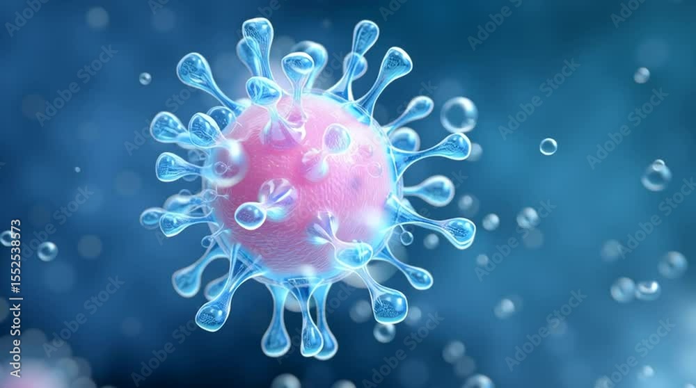 Flu virus microscopic particle showing detailed spherical pathogen structure with spike proteins and floating droplets in blue medical science background representing infection disease biology health