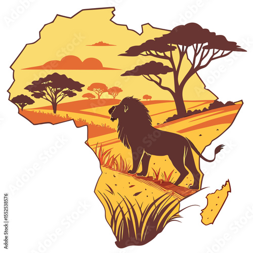 African savanna landscape illustration featuring a majestic lion silhouetted inside the shape of the african continent.