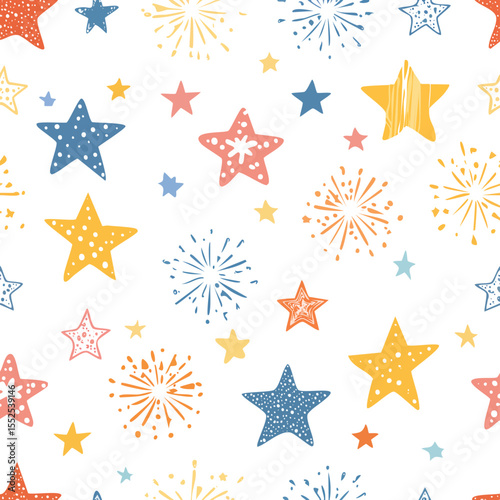 Seamless pattern of hand-drawn stars and fireworks in pastel colors background