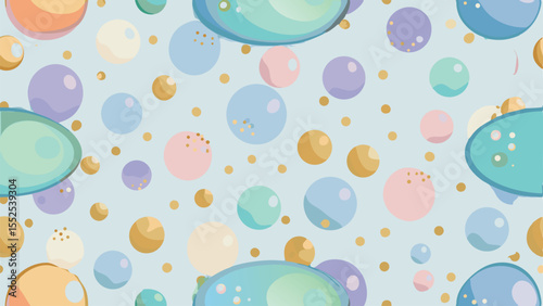 Seamless pattern of pastel colored bubbles and circles on light blue background abstract