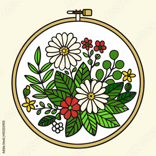 Floral Embroidery Hoop Art Showcasing Vibrant Blooms and Lush Foliage