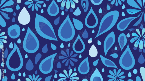 Blue abstract water drops and flower shapes on dark blue background pattern