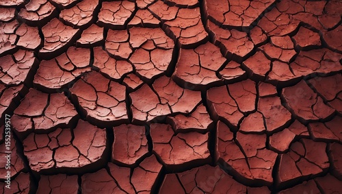 Close up of cracked dry earth texture with deep fissures and reddish brown color