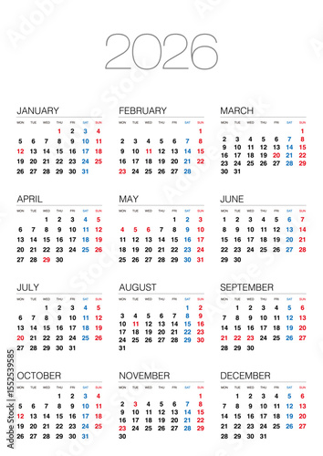 2026年の月曜始まりの年間カレンダーです。縦位置