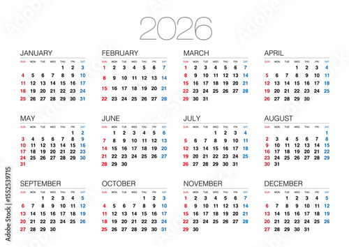 2026年の日曜始まりの年間カレンダーで、日本の祝日表記はありません。横位置