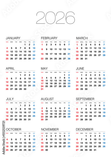 2026年の日曜始まりの年間カレンダーで、日本の祝日表記はありません。縦位置