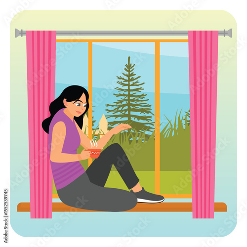 Young Thoughtful Woman Sitting and Relaxing by a Window, Enjoying Drinking Tea or Coffee.