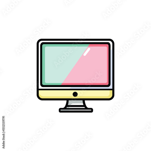 Cartoon Computer Monitor with DualTone Screen Displaying Teal and Pink Color Combination Design