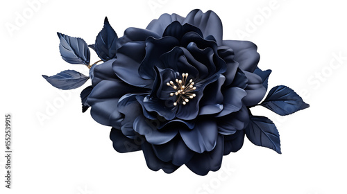 A dramatic close up of a dark blue flower with golden stamen on a transparent background design art