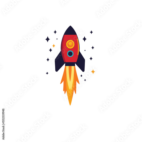Cartoon Rocket Ship Launching Into Space With Stars on a White Background