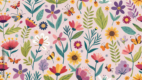 Colorful floral pattern with butterflies and leaves on light pink background flowers