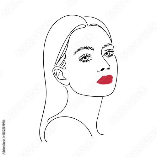 Elegant line drawing of a woman’s face with red lips, ideal for beauty, fashion, or modern minimalist design projects