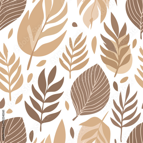 Seamless pattern of abstract leaves in neutral beige and brown tones foliage botanical