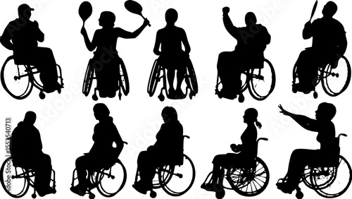 "Depict a visually cohesive grid of black silhouettes on white, showing men and women in wheelchairs from a front-facing angle, engaging in communal and recreational activities like music-making and c
