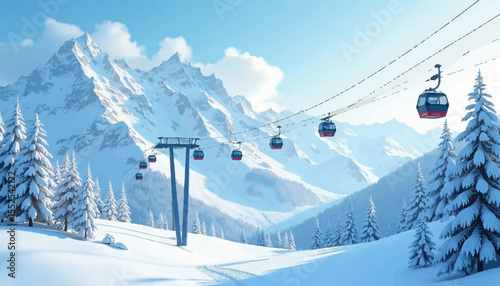 Snowy mountain vista with a cable car system transporting passengers through a pristine winter landscape.