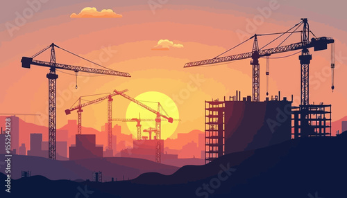 Silhouetted construction cranes working against a sunset backdrop, building structures.