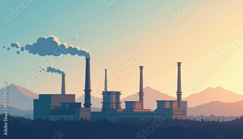 Silhouette of a factory emitting smoke against a backdrop of mountains and a gradient sky at dusk.