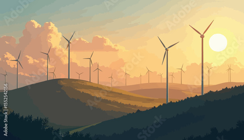 A scenic illustration of wind turbines on green hills during sunset.