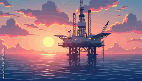 Sunrise over an oil rig in the vast ocean, a serene illustration of industrial activity.