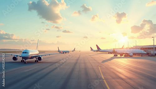 Sunrise over an airport tarmac with several airplanes taxiing.