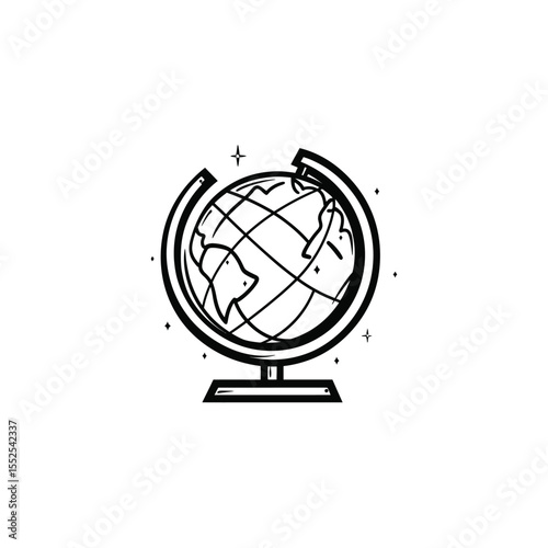 Globe on Stand with Stars with Transparent Background. Doodle Style