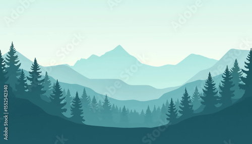 A serene, minimalist landscape depicting layers of mountains and evergreen trees.