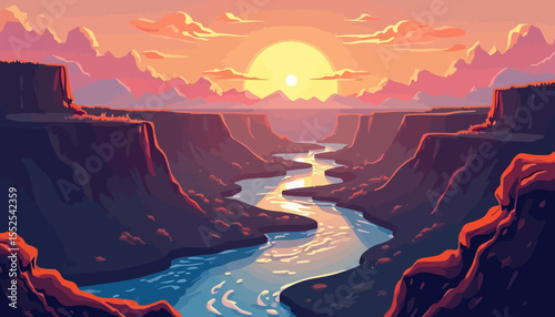 Serene sunset over a vast canyon, a winding river flows through the deep gorge, bathed in warm, golden light.