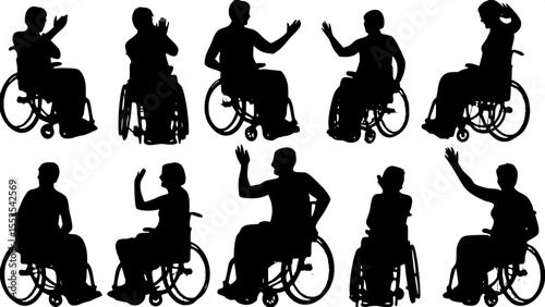 "Illustrate a series of wheelchair users in silhouette, arranged in a neat grid. Each figure is doing something different—dancing, drumming, chatting, or high-fiving. Keep the aesthetic minimal and sy