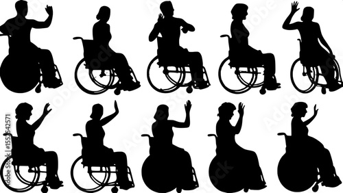 "Illustrate a series of wheelchair users in silhouette, arranged in a neat grid. Each figure is doing something different—dancing, drumming, chatting, or high-fiving. Keep the aesthetic minimal and sy