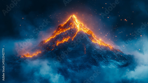  The image should feature a serene yet powerful visual of a mountain peak or solid rock formation emerging from a misty, abstract background in shades of deep blue