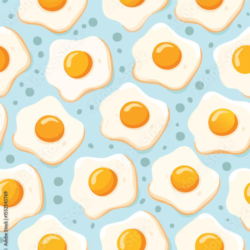Seamless pattern of fried eggs with yellow yolks and white on light blue background
