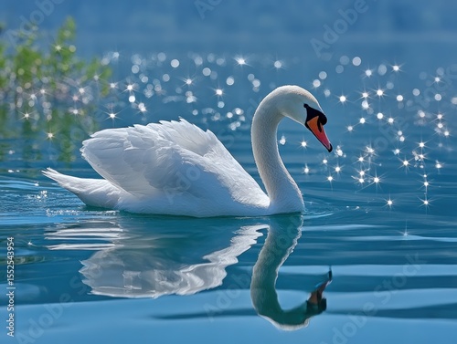 Swan on placid blue water