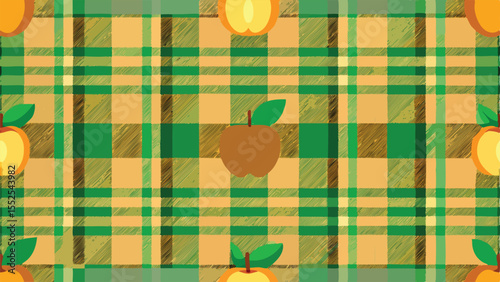 Autumn apples on a green and orange plaid background with textured squares fruit fall