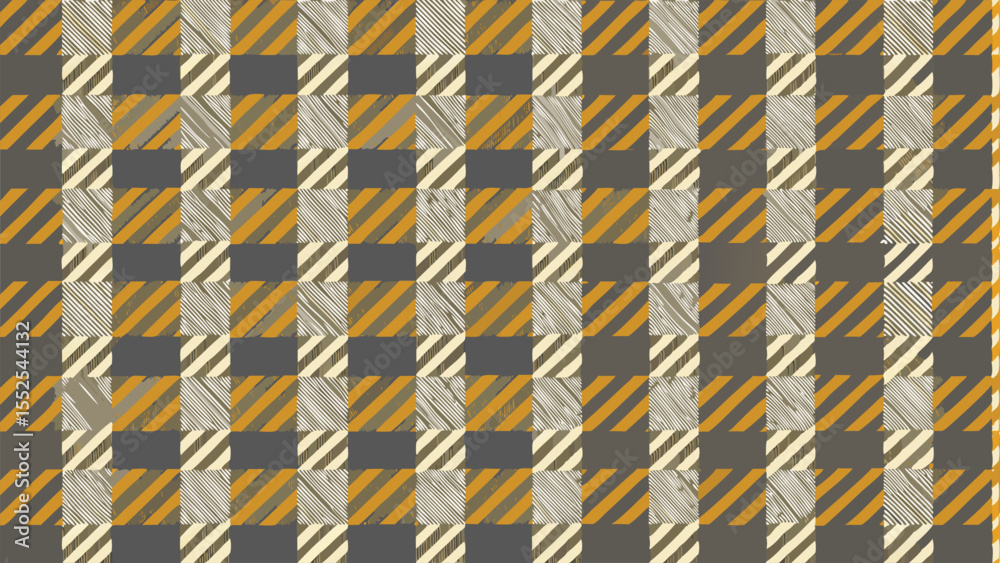 Textured diagonal stripes in squares pattern in muted yellow gray and cream vector