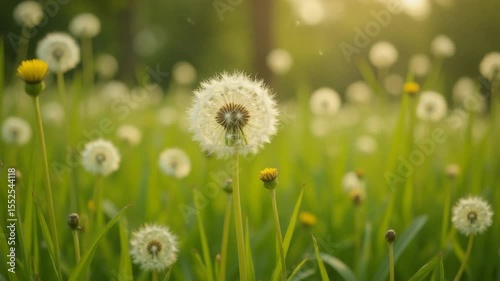 Dandelion Seed Heads Growing in Green Meadow at Sunset Natural Spring Scene