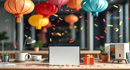 corporate modern office desk confetti lanterns blank greeting card computer laptop wrapped gift gold balloons silver balloons hanging lanterns office interior glass partitions ergonomic chairs photo