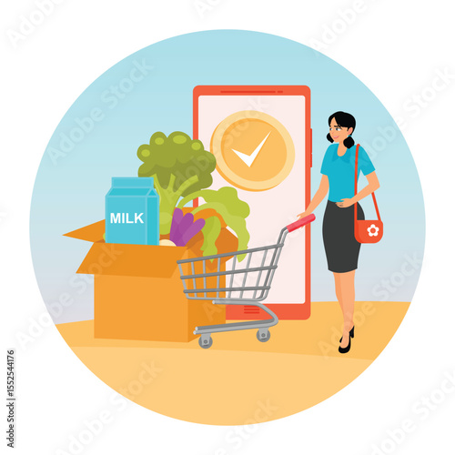 Woman Shopping Online With Mobile and Grocery Items.